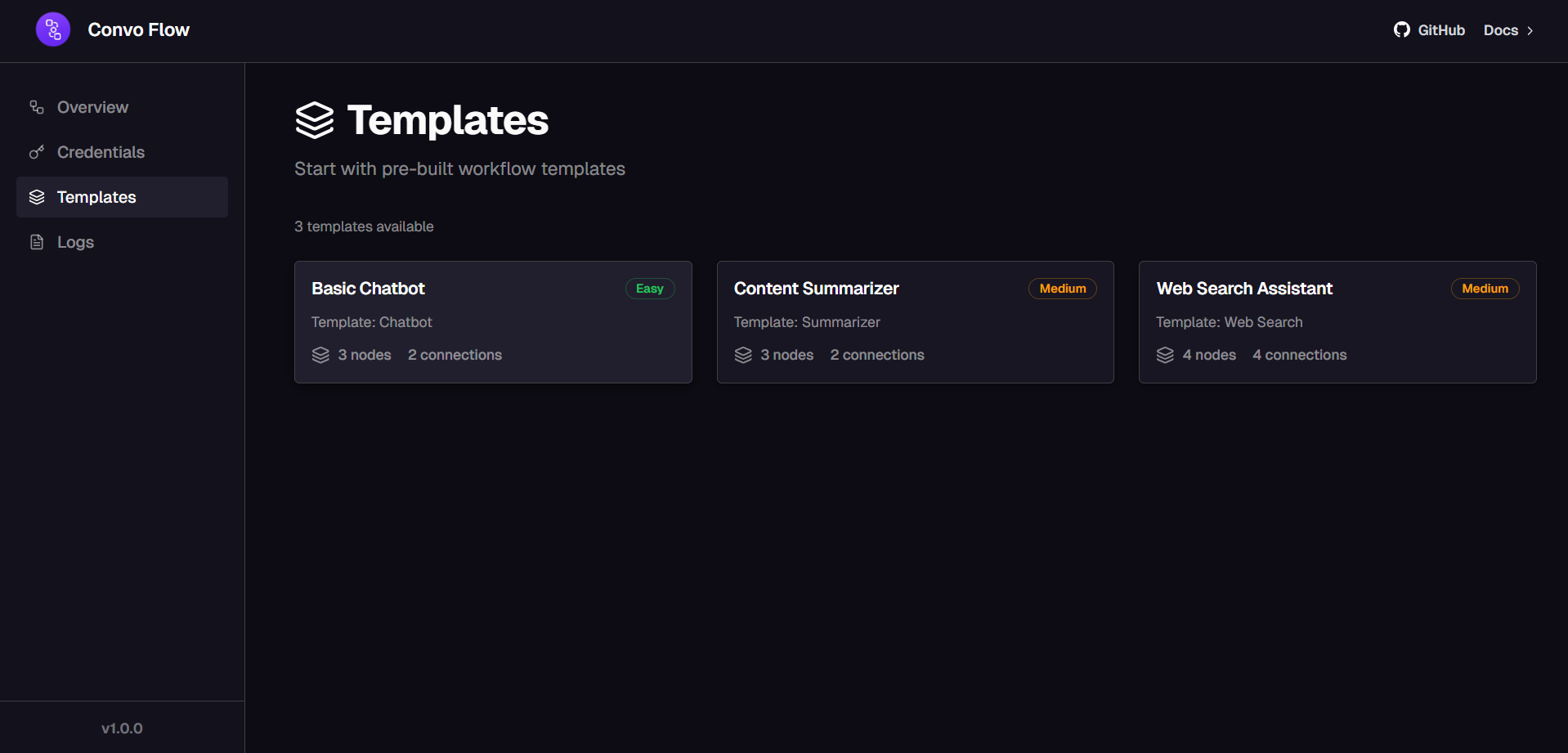 Templates page showing available workflow templates